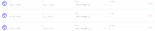 Trois démarques programmées, chacune avec ses dates et son pourcentage.