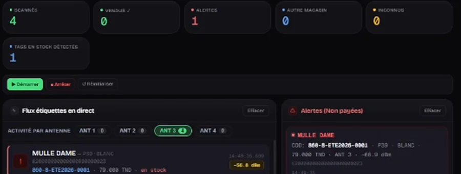Écran du portique : les passages en direct et les alertes d'articles non payés.